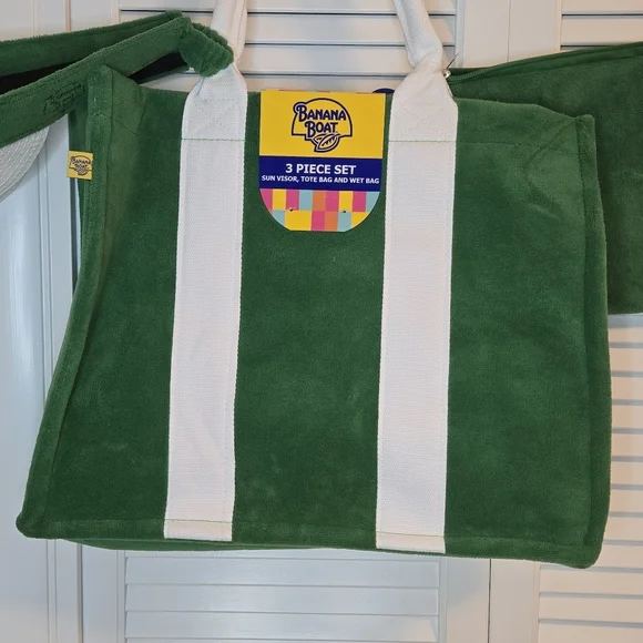 Banana Boat 3 Pc Beach Set Terry Cloth Large Tote Visor Wet Bag Green White - Picture 4 of 14